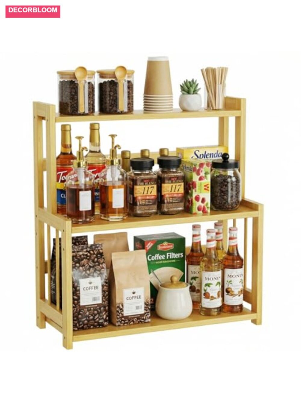 3 Tier Bamboo Countertop Coffee Station Organizer Adjustable Shelf